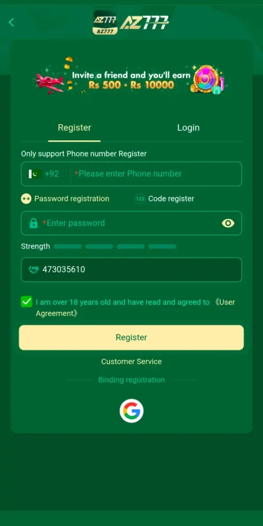 az777 Game register page